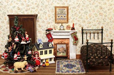 Christmas stockings hanging on the mantelpiece in a dollhouse nursery scene