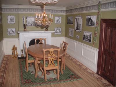 "Barbara" (green) carpet, chairs and bellpull