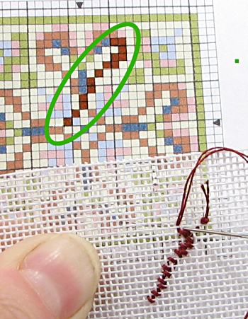 Miniature needlepoint tutorial - the stitches follow the pattern of blocks on the chart