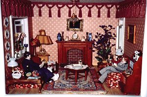 "Patricia" dollhouse needlepoint rug in the smoke-room