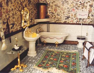 "Jessica" dollhouse needlepoint carpet in the bathroom