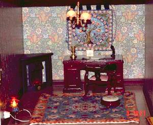 Moyra's dollhouse room with "Elizabeth" carpet and footstool