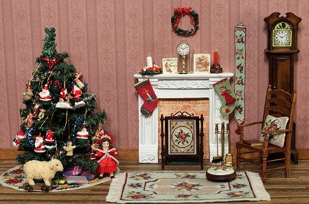Dollhouse nursery with Christmas tree on a tree mat