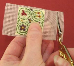Dollhouse needlepoint tutorial - trim the stitched fabric