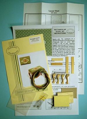 Miniature needlepoint tutorial - contents of a rectangular stool kit